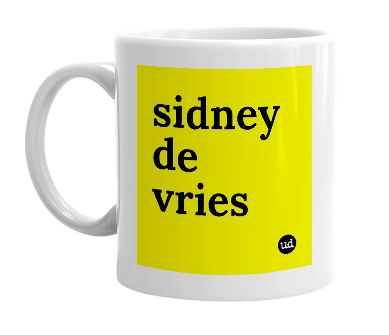 White mug with 'sidney de vries' in bold black letters