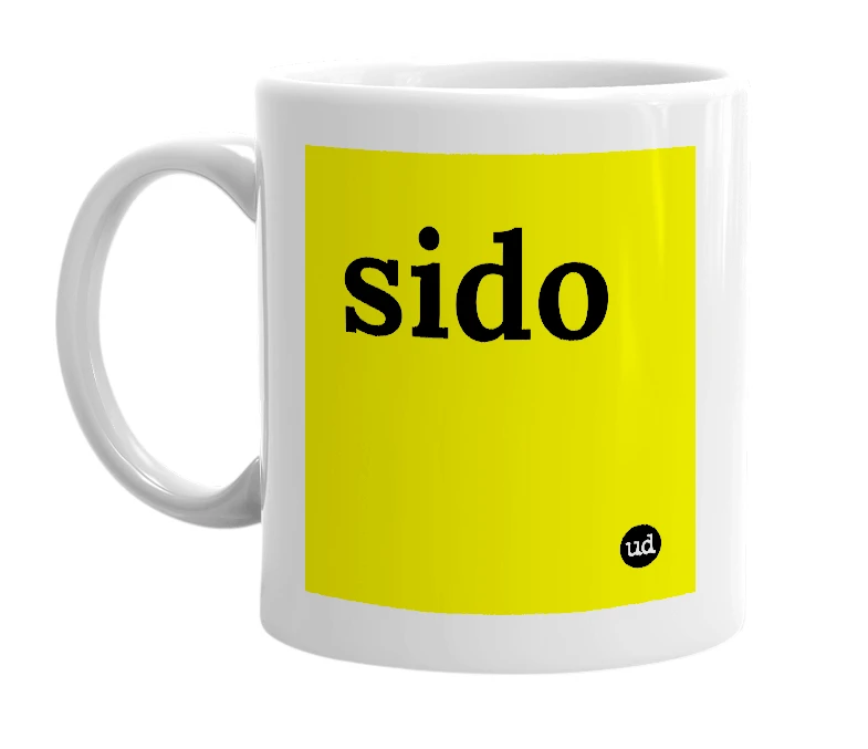 White mug with 'sido' in bold black letters