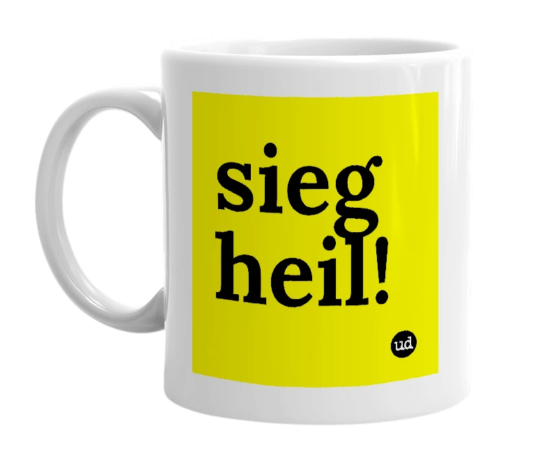 White mug with 'sieg heil!' in bold black letters