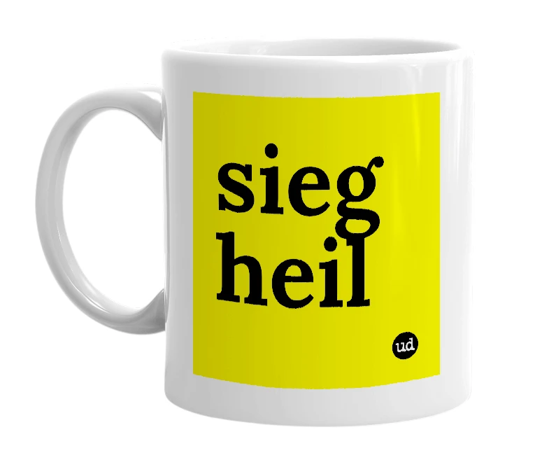 White mug with 'sieg heil' in bold black letters