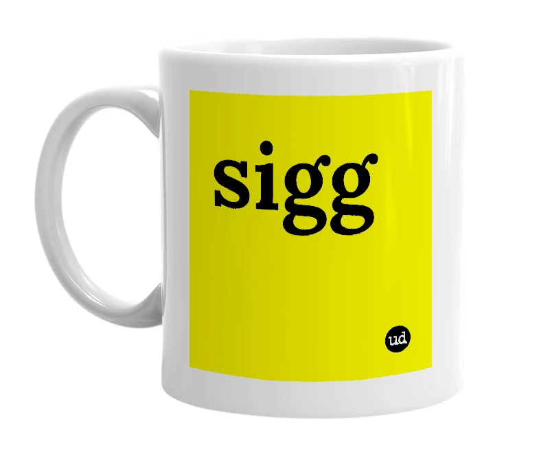 White mug with 'sigg' in bold black letters