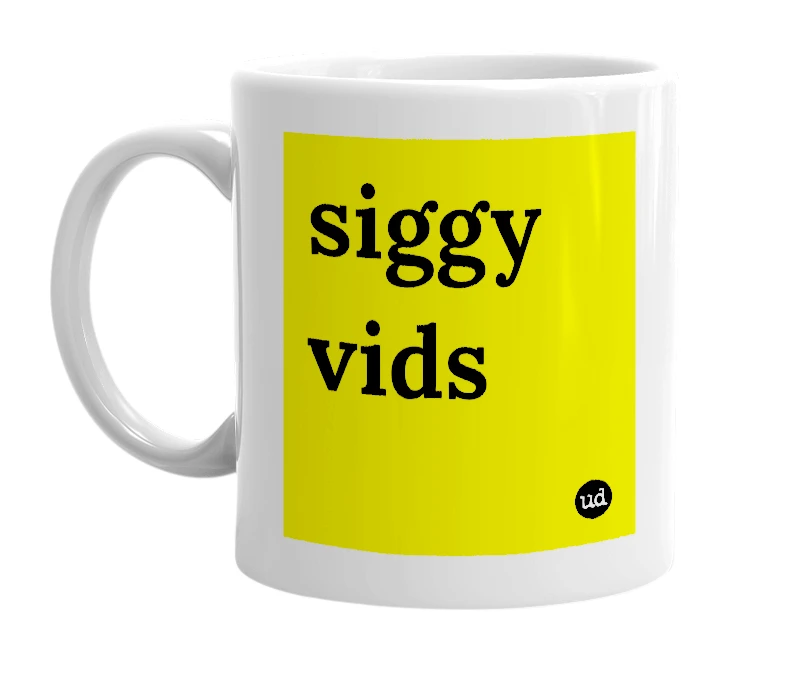 White mug with 'siggy vids' in bold black letters