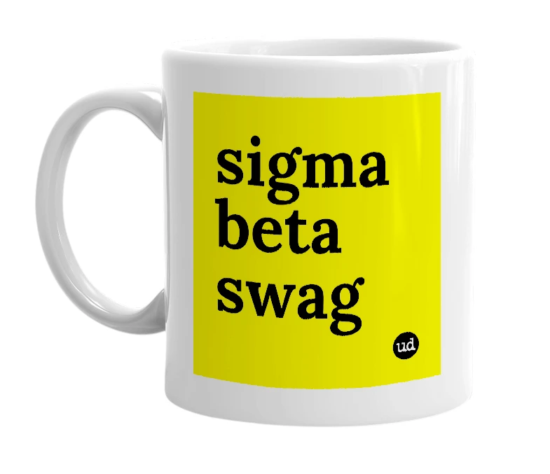 White mug with 'sigma beta swag' in bold black letters