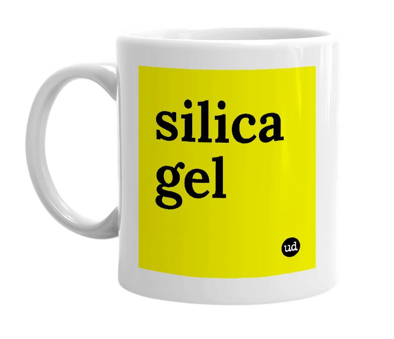 White mug with 'silica gel' in bold black letters
