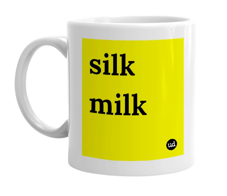 White mug with 'silk milk' in bold black letters