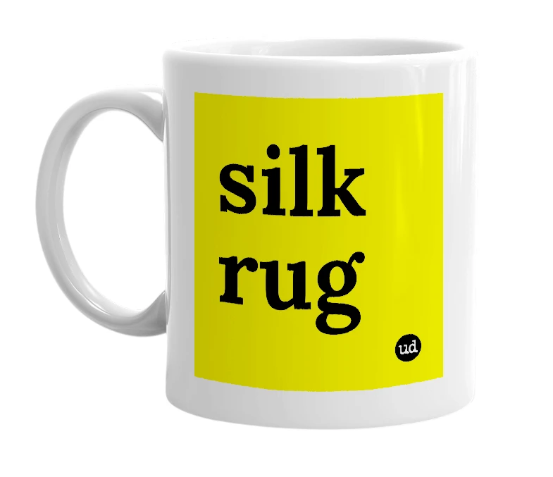 White mug with 'silk rug' in bold black letters