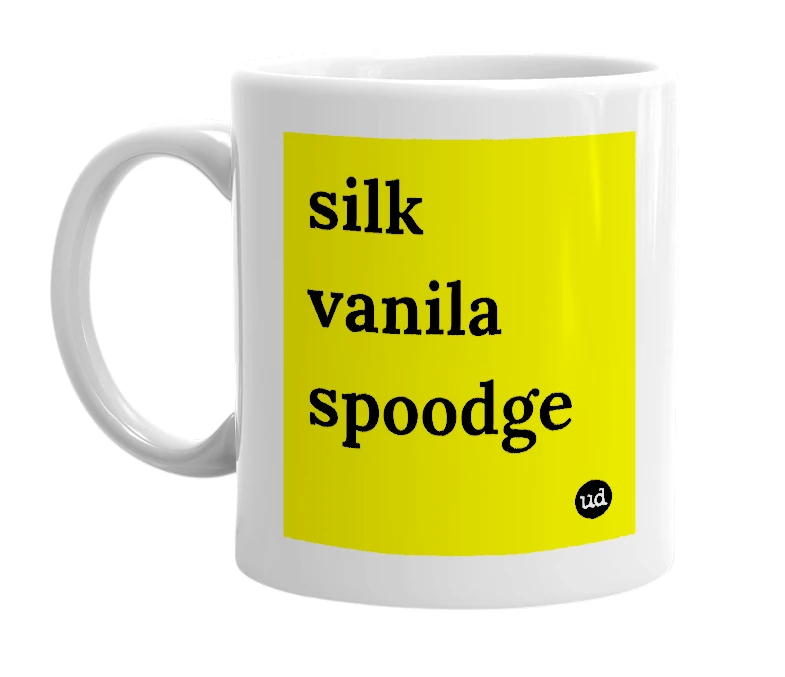 White mug with 'silk vanila spoodge' in bold black letters