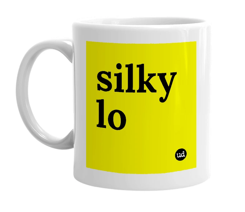 White mug with 'silky lo' in bold black letters