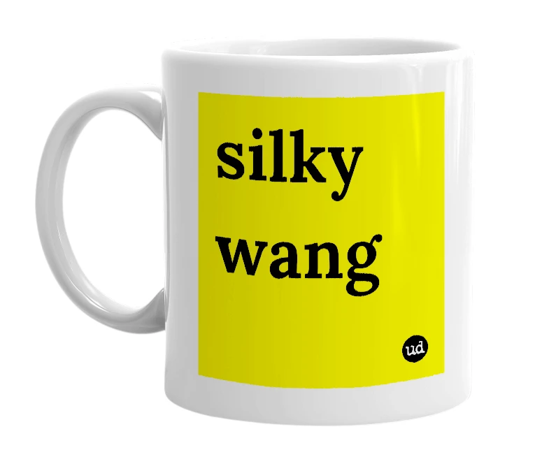 White mug with 'silky wang' in bold black letters