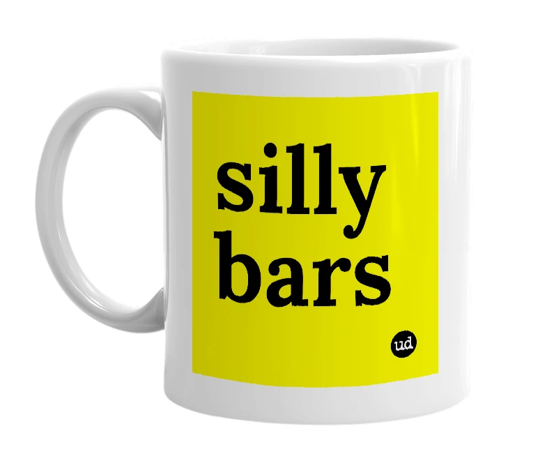 White mug with 'silly bars' in bold black letters