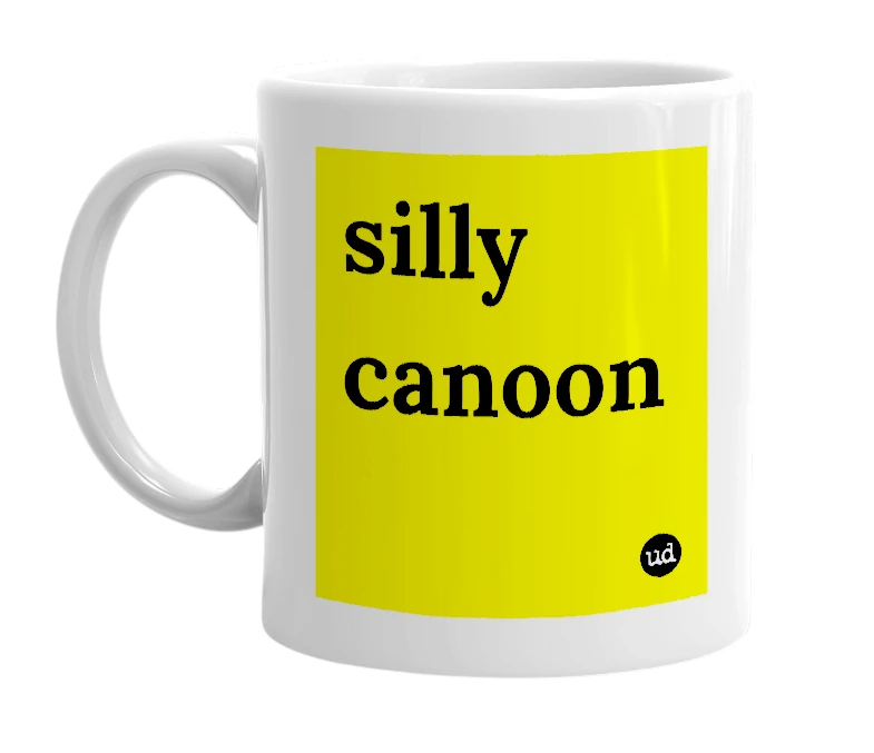 White mug with 'silly canoon' in bold black letters