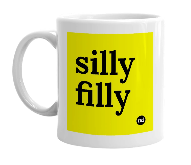 White mug with 'silly filly' in bold black letters