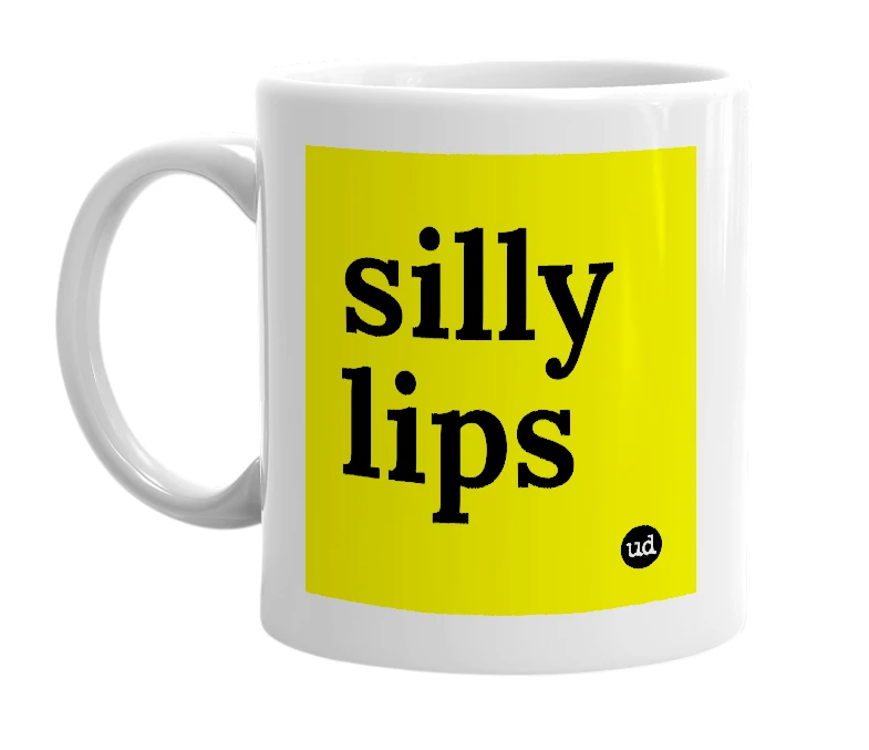 White mug with 'silly lips' in bold black letters