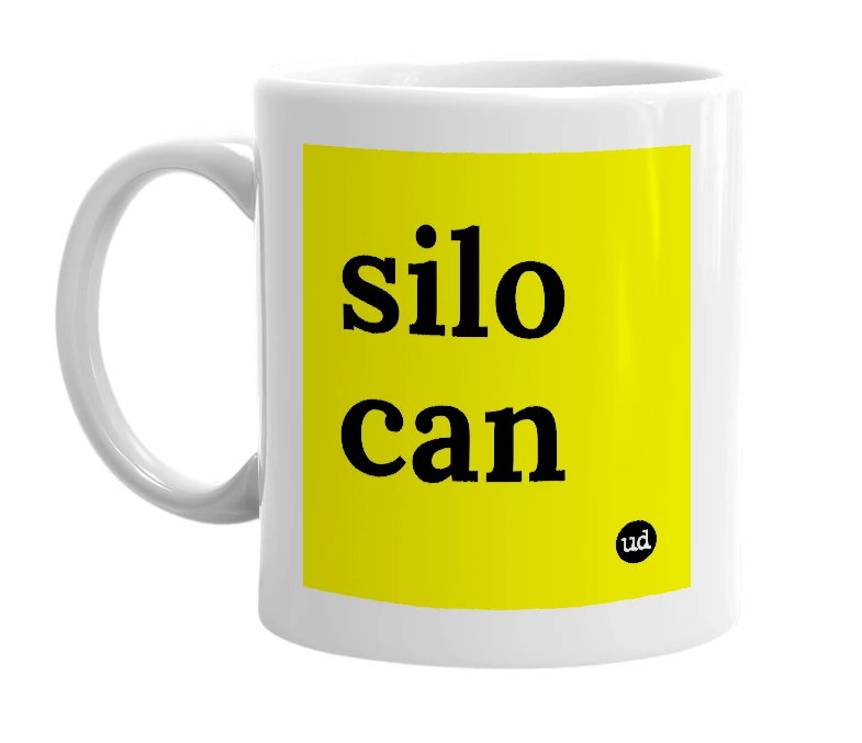 White mug with 'silo can' in bold black letters