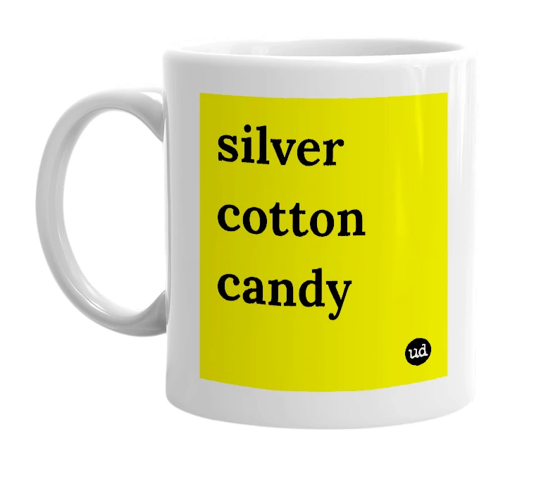 White mug with 'silver cotton candy' in bold black letters