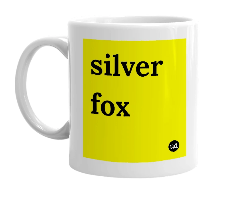 White mug with 'silver fox' in bold black letters
