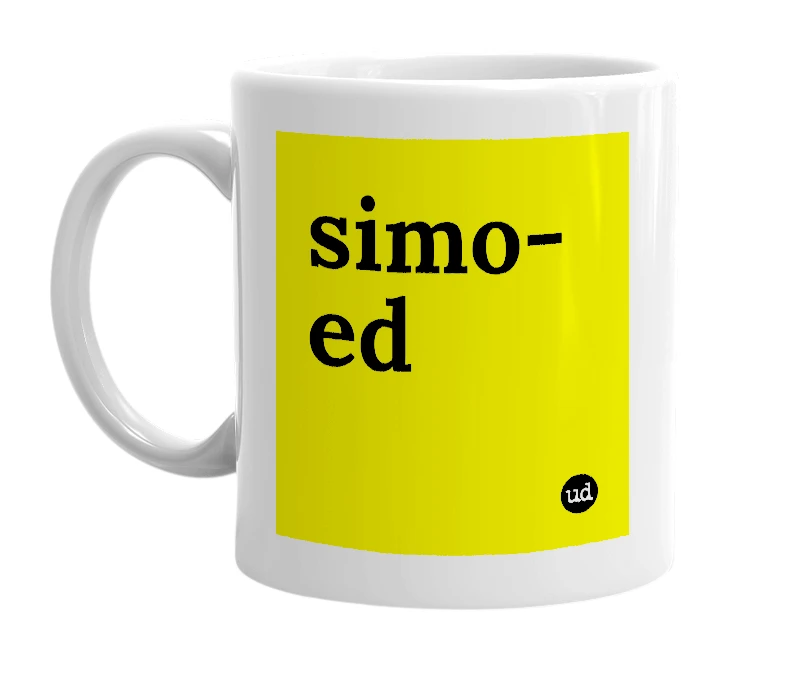 White mug with 'simo-ed' in bold black letters