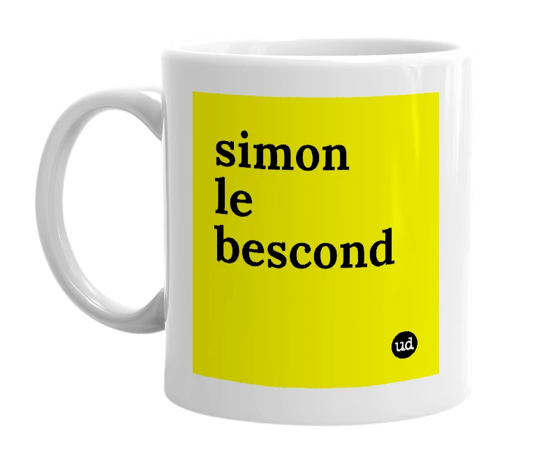 White mug with 'simon le bescond' in bold black letters