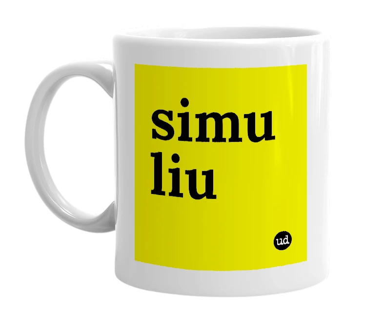 White mug with 'simu liu' in bold black letters