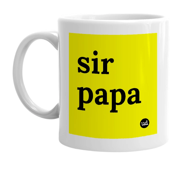 White mug with 'sir papa' in bold black letters