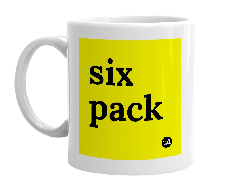 White mug with 'six pack' in bold black letters