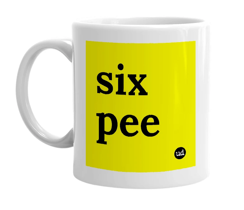 White mug with 'six pee' in bold black letters