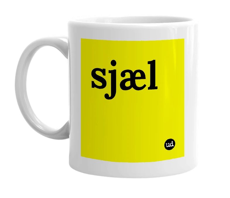 White mug with 'sjæl' in bold black letters