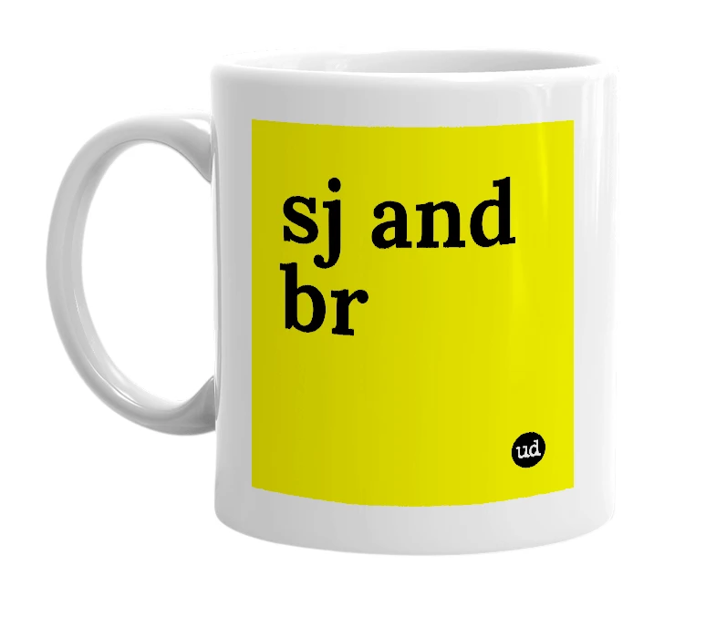 White mug with 'sj and br' in bold black letters