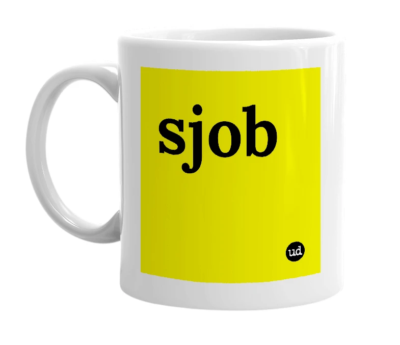 White mug with 'sjob' in bold black letters