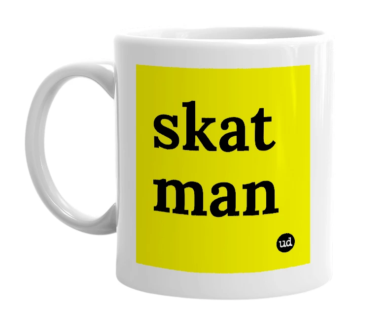 White mug with 'skat man' in bold black letters