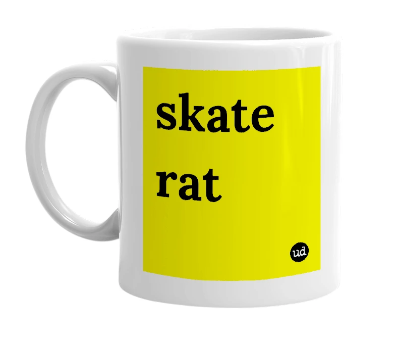 White mug with 'skate rat' in bold black letters