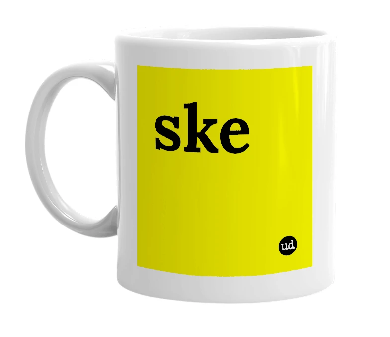 White mug with 'ske' in bold black letters