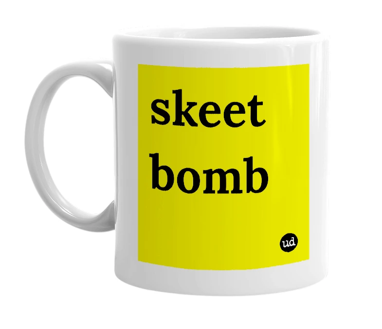 White mug with 'skeet bomb' in bold black letters