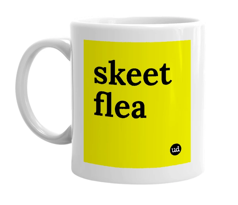 White mug with 'skeet flea' in bold black letters