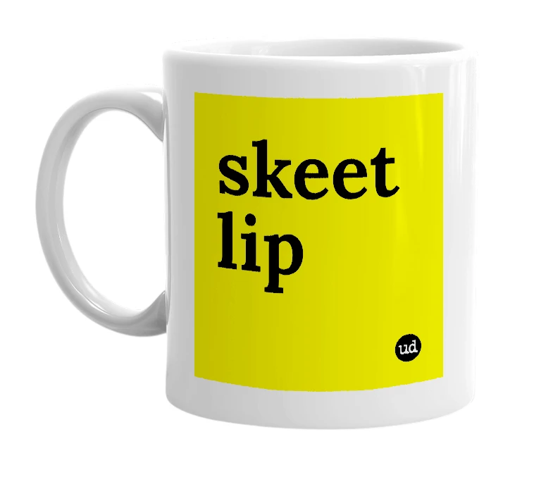 White mug with 'skeet lip' in bold black letters
