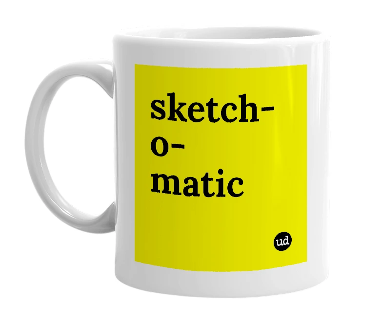 White mug with 'sketch-o-matic' in bold black letters
