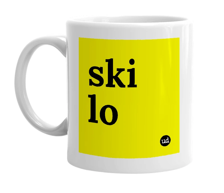 White mug with 'ski lo' in bold black letters