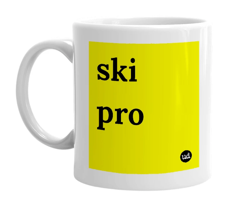 White mug with 'ski pro' in bold black letters