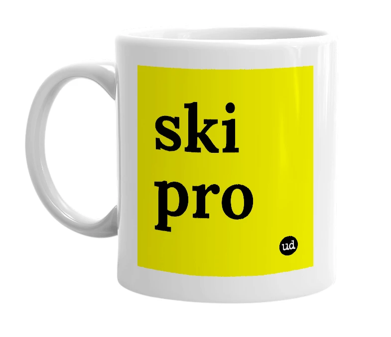 White mug with 'ski pro' in bold black letters