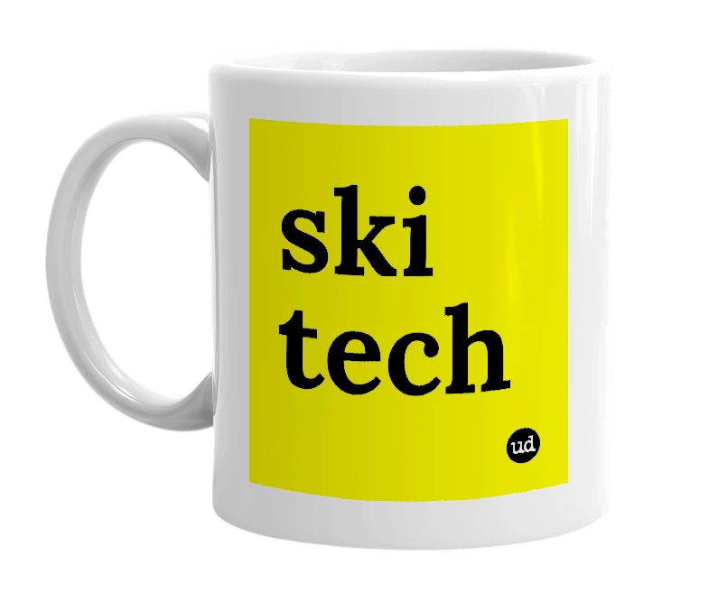 White mug with 'ski tech' in bold black letters