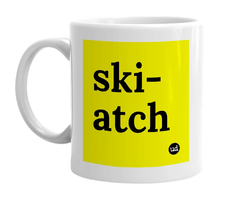 White mug with 'ski-atch' in bold black letters