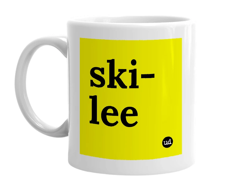 White mug with 'ski-lee' in bold black letters
