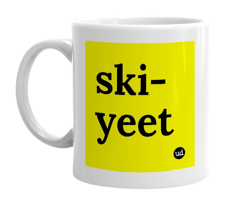 White mug with 'ski-yeet' in bold black letters