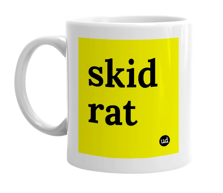 White mug with 'skid rat' in bold black letters