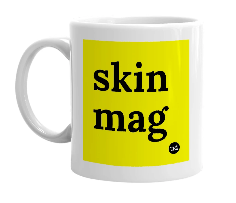 White mug with 'skin mag' in bold black letters