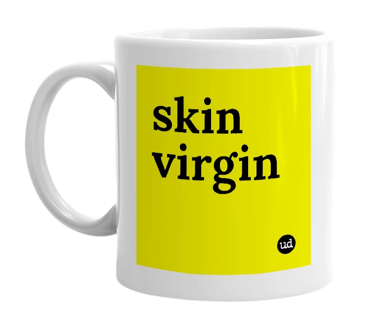 White mug with 'skin virgin' in bold black letters