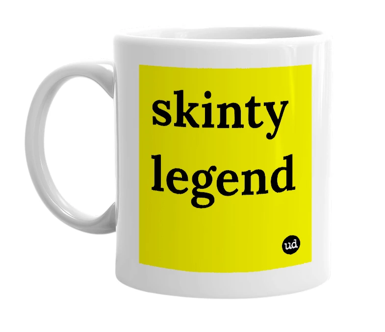 White mug with 'skinty legend' in bold black letters
