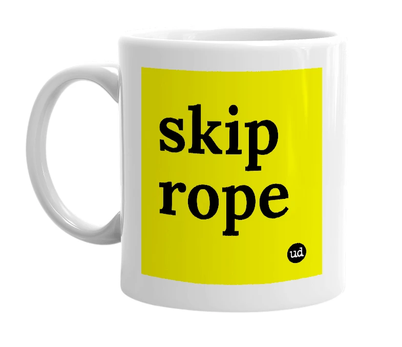 White mug with 'skip rope' in bold black letters