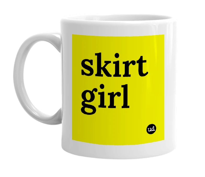 White mug with 'skirt girl' in bold black letters