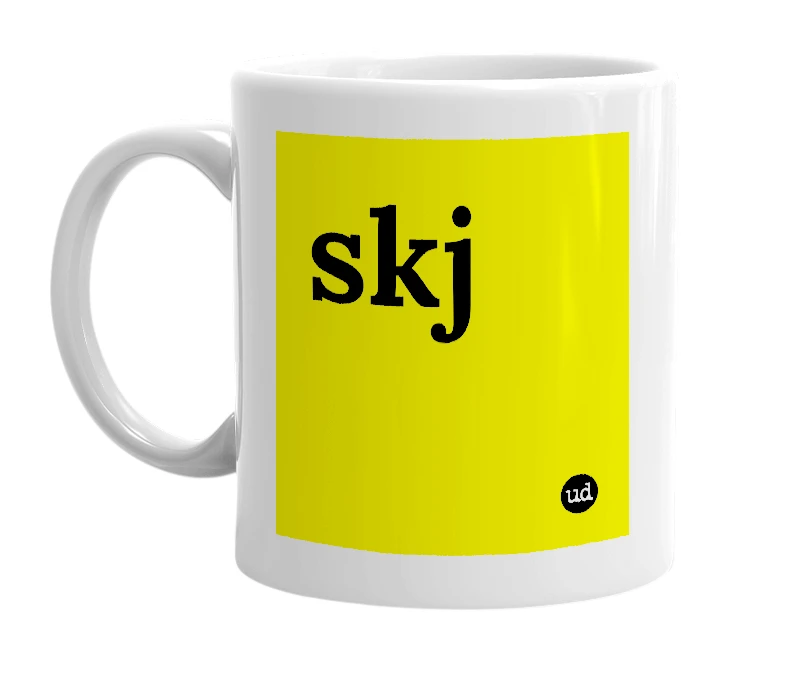 White mug with 'skj' in bold black letters